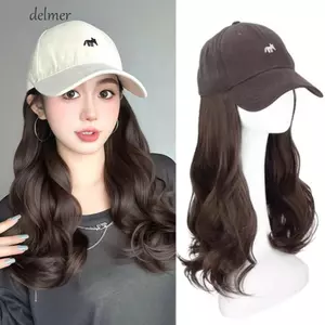 Mũ bóng chày DELMER có tóc giả, Bộ tóc xoăn phong cách Hàn Quốc Tóc lượn sóng thẳng dài, Phần mở rộng tóc thời trang Mũ chống nắng Mũ có thể điều chỉnh thoáng khí Mũ tóc giả du lịch