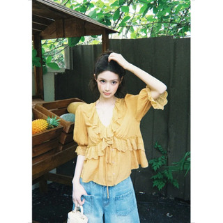 Áo Sơ Mi Tay Ngắn Voan Cổ Chữ V Xù Nấm Cạnh Slim-Fit Puff Tay Áo Sơ Mi Bé Gái Ren Xanh Mùa Hè Thiết Kế Đơn Giản Khâu Ren Thời Trang Tuổi-
