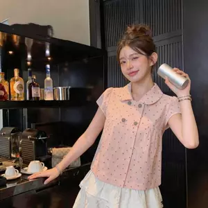 Áo sơ mi ngắn tay chấm bi màu hồng ngọt ngào của Dopamine Cute Top Hàn Quốc, cổ búp bê mùa hè Slimer Look Chic Top