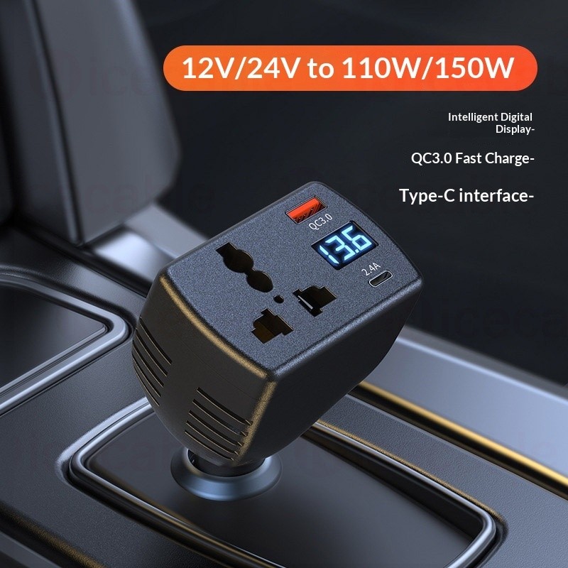 Biến tần thông minh ô tô đa chức năng 150W QC3.0 Giao diện USB / Type C sạc nhanh với màn hình kỹ thuật số thông minh 180° Sạc xe hơi xoay miễn phí