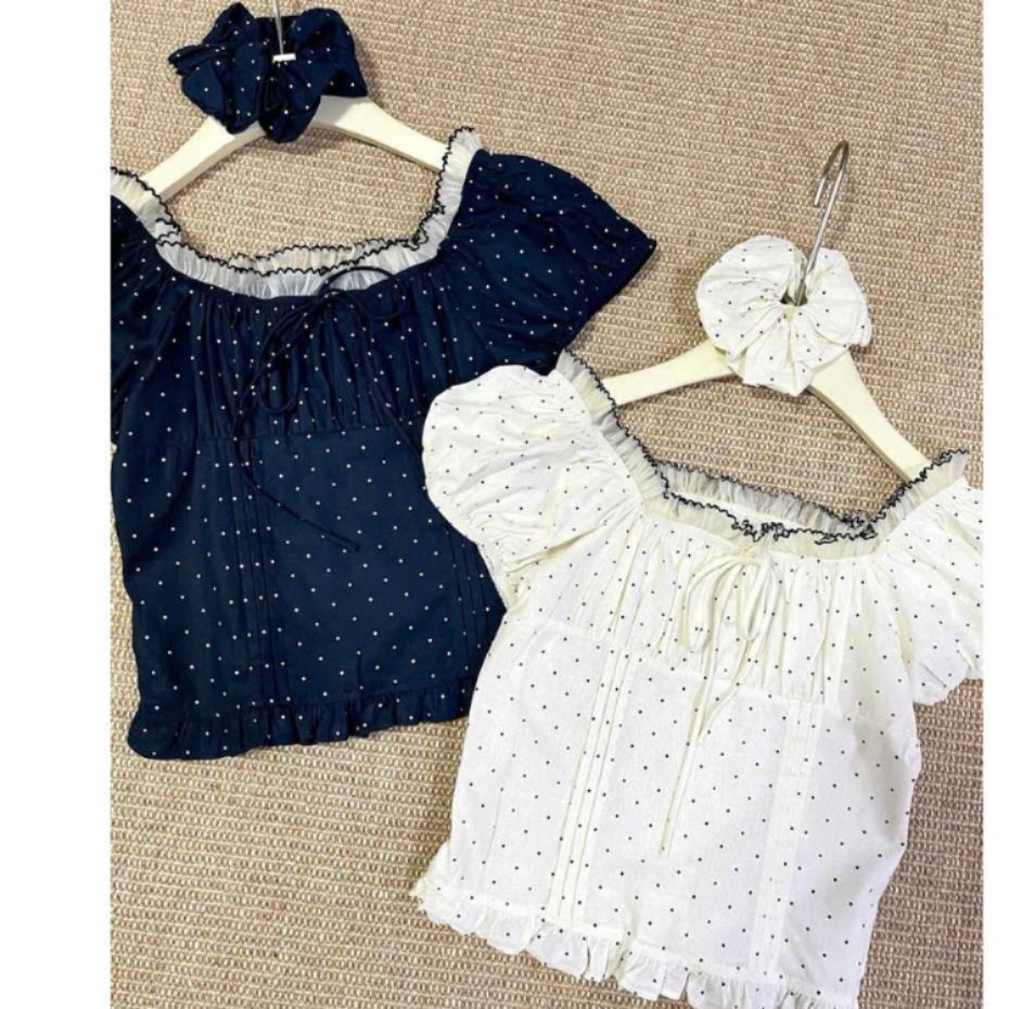 ( TẶNG KÈM SRUNCHIES) ÁO CHẤM BI PHỐI REN MẶC 2 KIỂU (CÓ BIGSIZE) M61196 - Adora 73 - Alisa95