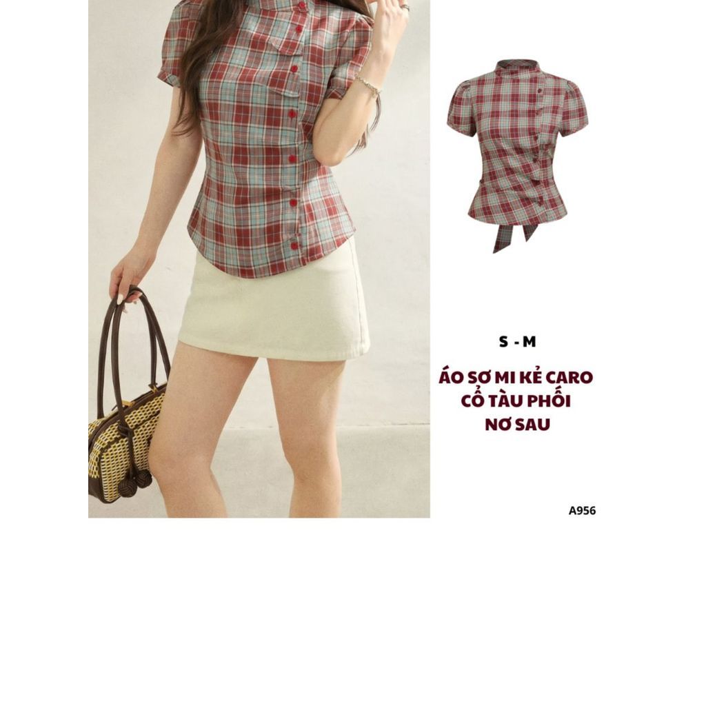 Áo Sơ Mi Kẻ Caro Cổ Trụ Tay Phồng Thắt Eo Ôm Nhẹ Phối Dây Nơ Kiểu Dáng Retro_A95556
