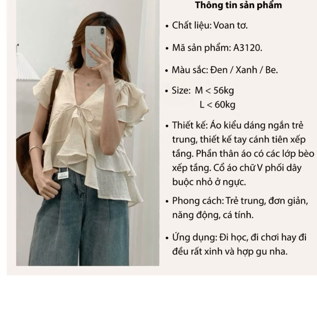 Áo Voan Tơ Cổ V Tay Hến Bèo Tầng A312088 Thời Trang Nữ