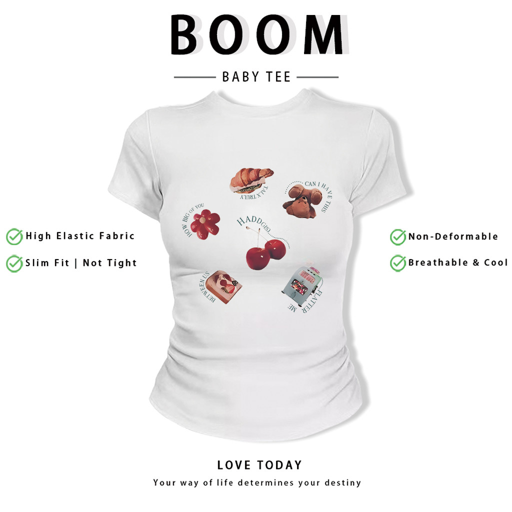 BOOM Áo Baby Tee Nữ Cotton Ôm Body-Áo Thun Ngắn Tay Y2K In Hình PhongCách Mùa Hè, Cổ Tròn Hàng Đầucách hàn quốc phong110