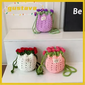Túi móc GUSTAVA, Thiết kế bó hoa hồng phong cách Bohemian Túi ra rỗng, Túi đeo chéo dây Cotton thanh lịch du lịch