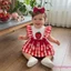 Bộ áo liền quần thêu dâu tây không tay có băng đô cho bé gái
