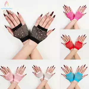 Găng tay kim cương giả GILL, Trang trí sáng bóng Thiết kế lưới cá Găng tay ngón, Găng tay nữ thời trang Găng tay Cosplay Phong cách gợi cảm Găng tay ngắn biểu diễn bữa tiệc