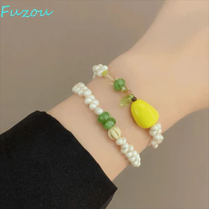 FUJIOU 2 Cái / bộ Vòng Tay Hạt Lê, Vòng Tay Xếp Chồng Trái Cây Màu Trắng Ngọt Ngào, Thiết Kế Thiểu Số Trang Sức Tinh Tế Đáng Yêu Bohemia Dây Xích Tay Phụ Kiện Trang Sức
