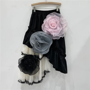Thời Trang Gạc Khâu Nấm Không Đều Váy Nữ Phong Cách Mới Hoa Ba Chiều Phong Cách Pháp Chữ a Váy Xoay Lớn