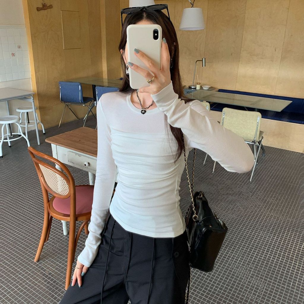 Milyfashion Mỏng Lưới Dài Tay Áo Thun Nữ Đầu Thu Phong Cách Mới Xếp Ly Slim-Fit Đáy Áo Sơ Mi Ngắn Top Bé tee Y2K