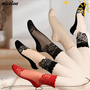 Tất lụa trong suốt NICOLOO, Tất ren vô hình chống trượt, Vớ rỗng mềm mại Sheer Rose Ren Thuyền Tất nữ