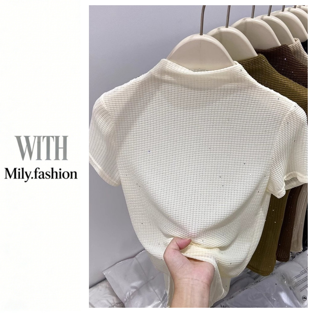 Milyfashion Size Lớn Ôm Hơn Nhìn Nửa Cổ Cao Tay Ngắn Sequined Áo Thun Mùa Hè Phong Cách Mới Phù Hợp Với Da Hàng Đầu