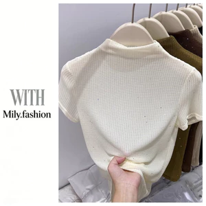 Milyfashion Size Lớn Ôm Hơn Nhìn Nửa Cổ Cao Tay Ngắn Sequined Áo Thun Mùa Hè Phong Cách Mới Phù Hợp Với Da Hàng Đầu