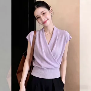 Áo thun không tay cổ chữ V phong cách mới mùa hè Hàn Quốc không tay dệt kim dáng rộng dáng rộng dáng rộng dáng rộng dáng ôm hơn C