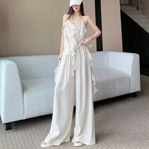 Bộ đồ thời trang nữ mùa hè xù không đều Áo yếm không tay Áo quần ống rộng thông thường Bộ đồ hai mảnh