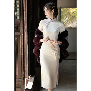 Sườn xám cải tiến phong cách mới mùa xuân trẻ trung, đầm cao cấp có tay áo rộng thanh lịch cho Nữ