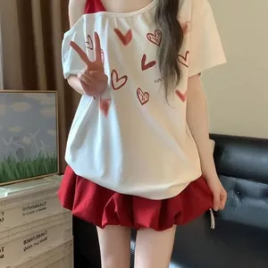 Ngọt Ngào Phong Cách Preppy In Hình Trái Tim Giả Hai Mảnh Đeo Ngang Hàng Đầu Nữ Cao Cấp Co Giãn Váy Bud Đỏ Phù Hợp Với