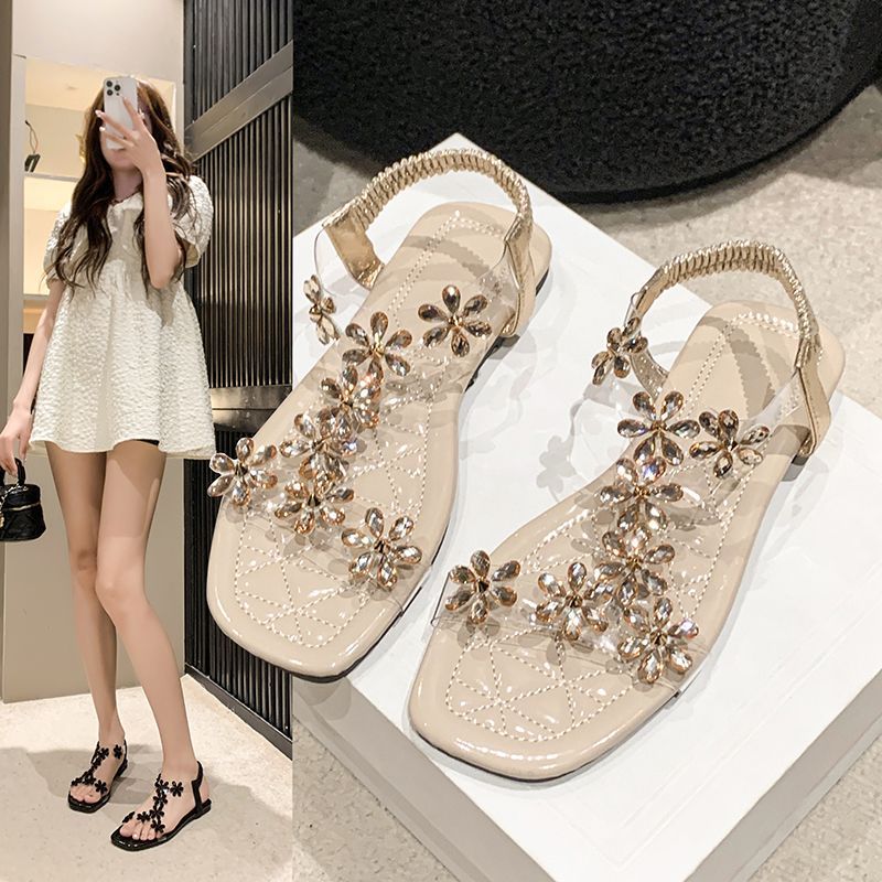 Dép nữ đế bệt đính đá trong suốt phong cách Hàn Quốc du lịch biển mùa hè mẫu hot
