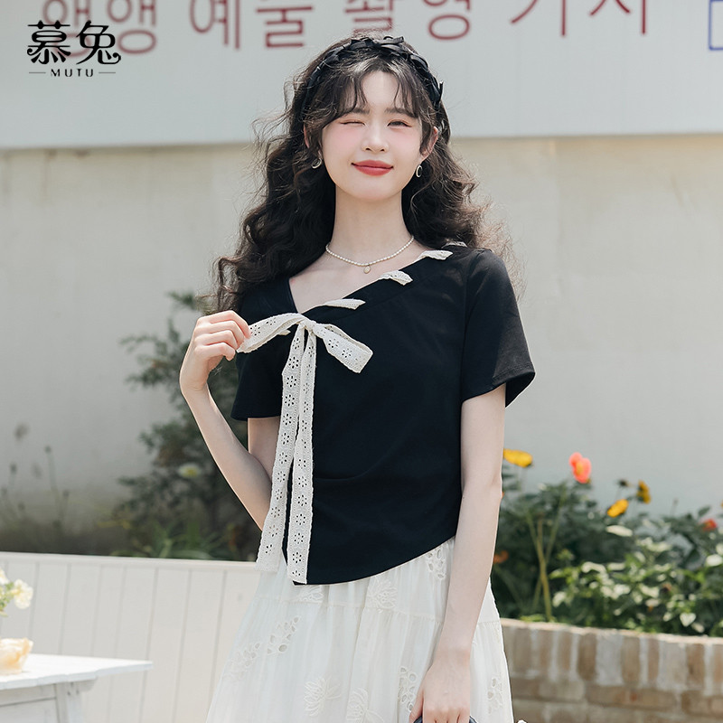 Mutu Pháp Slim-fit Cổ Tròn Ngắn Tay Áo Thun Nữ Mùa Hè 2025 Thiết Kế Phong Cách Mới Niche Nơ Ngắn Top