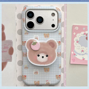 Ốp Điện Thoại Cho iPhone 17 Pro Max 16 15P Họa Tiết Kẻ Sọc Xanh Mềm Đáng Yêu TPU Chống Trầy Xước Có Thể Gập Lại Gấu Dâu Chân Đế Đứng Chống Rơi Bụi Bẩn Vỏ Chống Rơi