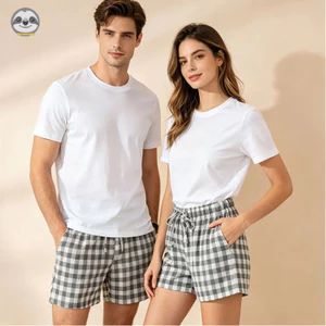 Quần short Cotton kẻ sọc dây rút phong cách cặp đôi / Quần short đi biển mỏng mùa hè / Quần short thời trang có thể mặc bên ngoài Quần short nhà