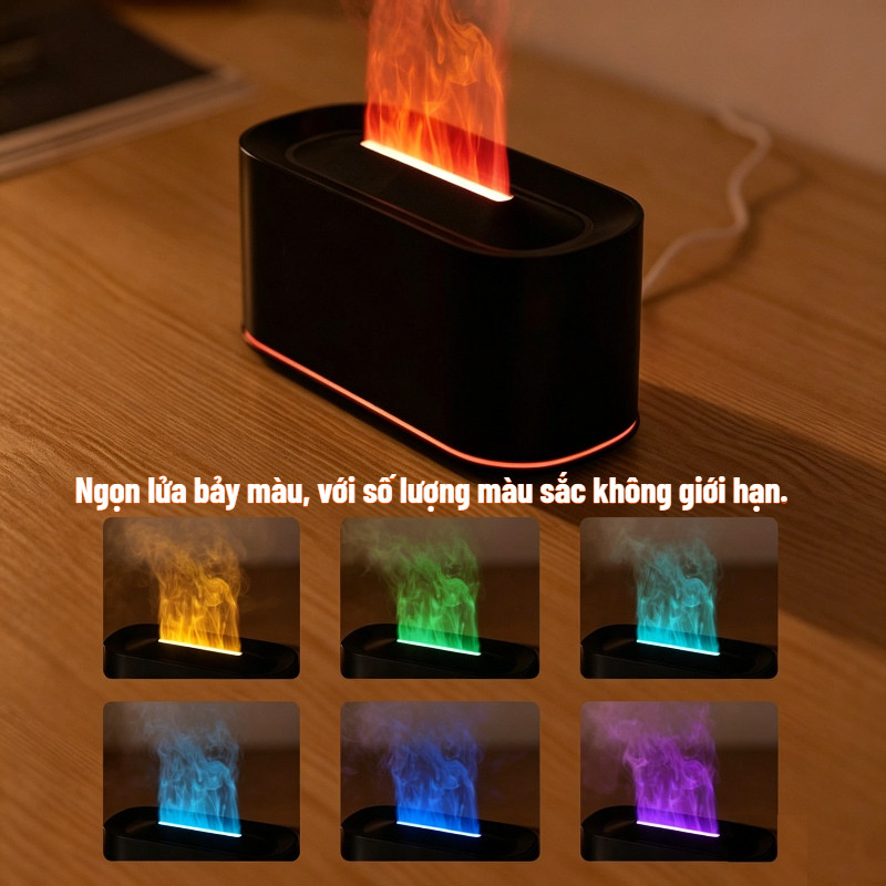 Máy khuếch tán tinh dầu Flame kết hợp chức năng tạo ẩm, giảm căng thẳng, phun sương siêu mịn và đèn chiếu sáng bảy màu.
