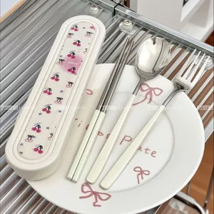 Bộ Đồ Ăn Di Động Hộp Phong Cách Dễ Thương Bộ Ba Mảnh Đũa Học Sinh Bộ Thìa Thép Không Gỉ Mang Theo Bộ Đồ Ăn 6.2