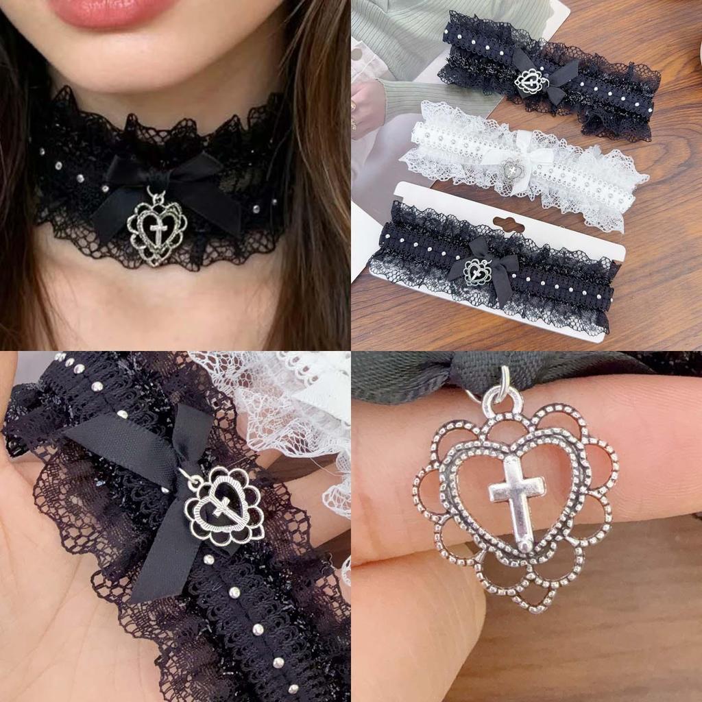 Retro Ren Nơ Trái Tim Đeo Chéo Vòng Cổ - Nữ Handmade Dây Thắt Nút Cổ Trang Sức - Mặt Dây Chuyền Trái Tim Đào Ngọt Ngào Phong Cách Gothic