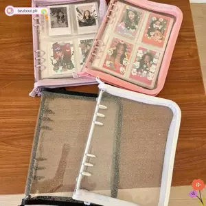 BEABOUT A5 Chất kết dính lá rời, Chất kết dính vòng bột lấp lánh Máy tính xách tay chất kết dính dây kéo, Thiết kế trong suốt đa chức năng Bộ sưu tập thẻ ảnh có thể nạp lại Sách lưu trữ thẻ thần tượng Kpop