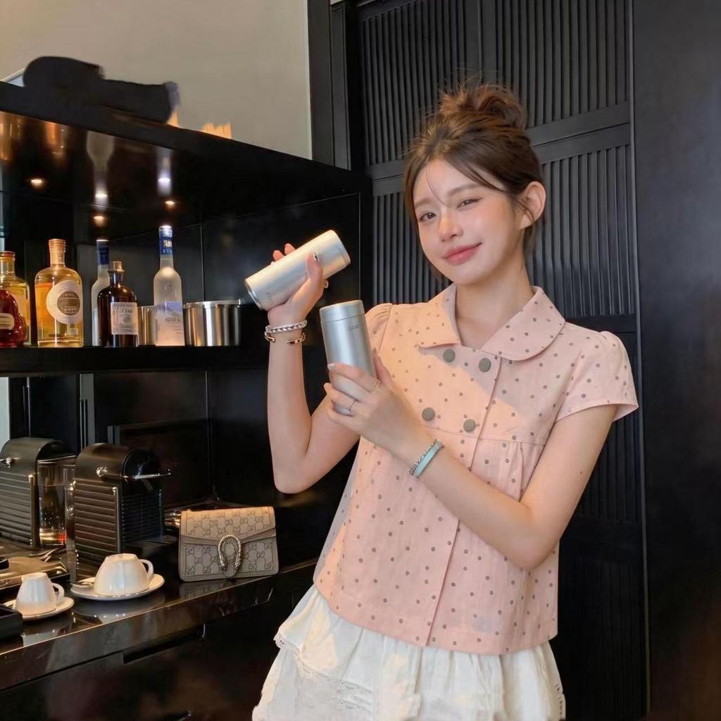 [Hàng mới về] Áo sơ mi ngắn tay chấm bi màu hồng ngọt ngào của Dopamine Cute Top Hàn Quốc, cổ búp bê mùa hè Slimer Look Chic Top
