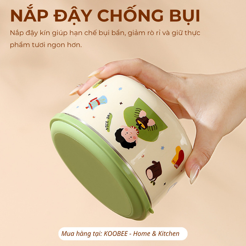 Bát Cơm Inox 316 KOOBEE Có Nắp 400ml/520ml – Hộp Cơm Cách Nhiệt 2 Lớp, Bát Ăn Dặm Hoạt Hình Cho Bé | 394