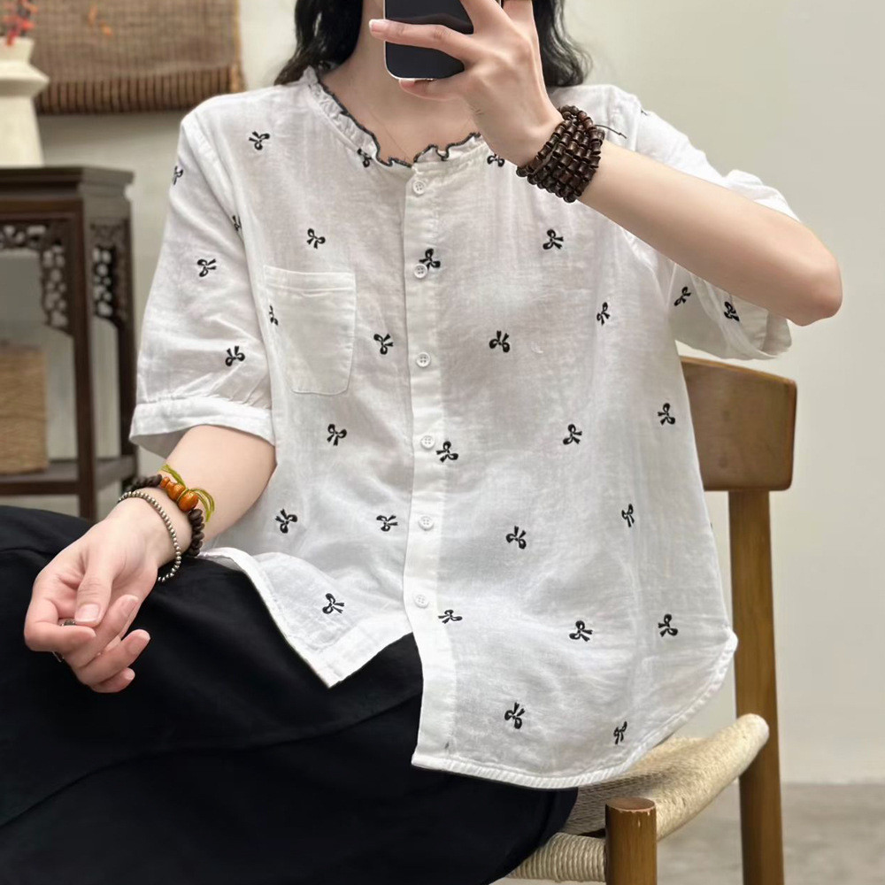 Áo Sơ Mi Nữ Cổ Nấm Tay Ngắn Chất Lượng Cao Sợi Cotton, Hoa Rời, Size Lớn