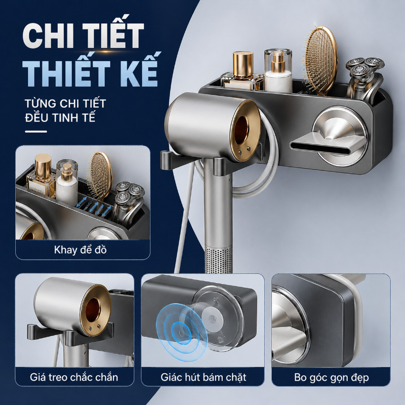Giá Đỡ Máy Sấy Tóc Treo Tường – Nhôm Hàng Không ABS, Dán Tường, Có Khe Móc Dây Điện & Ngăn Đựng Đồ