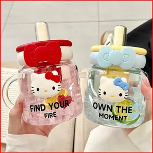 ST2 HELLO KITTY Cốc nước thủy tinh dung tích lớn có ống hút dành cho nữ Máy pha trà lọc chịu nhiệt TS2