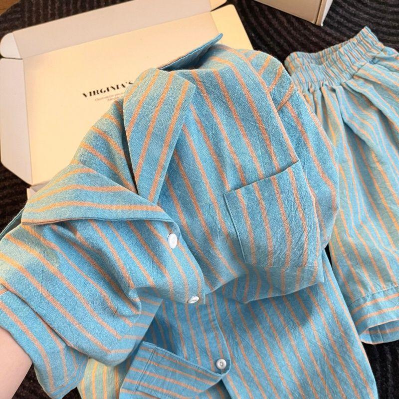 [Hàng mới về] Bộ đồ ngủ Cardigan sọc phong cách thông thường, Cotton đám mây nữ có thể mặc bên ngoài mùa hè Quần Short ngắn tay đơn giản thoải mái