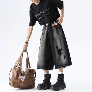 Quần crop denim đau khổ cao cấp phong cách đường phố cổ điển dành cho nam và nữ