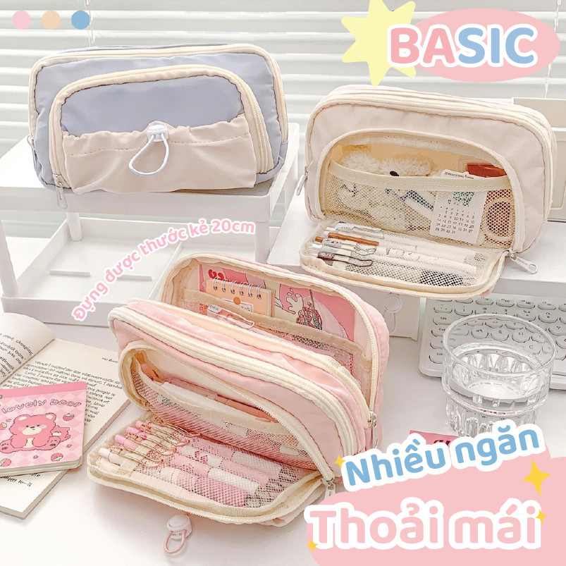 Túi Bút Vải Basic Nhiều Ngăn Dung Tích Lớn – Hộp Bút Học Sinh Đựng Thước 20cm, Máy Tính, Dây Rút Dễ Thương