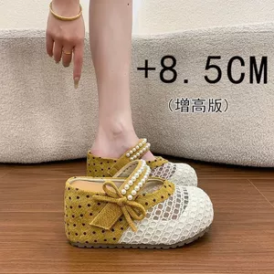 Pháp Chấm Bi Retro Lưới Thoáng Khí Ngọc Trai Nơ 8cm Nêm Gót Dày Đế Cao Cấp Nữ Baotou Nửa Dép