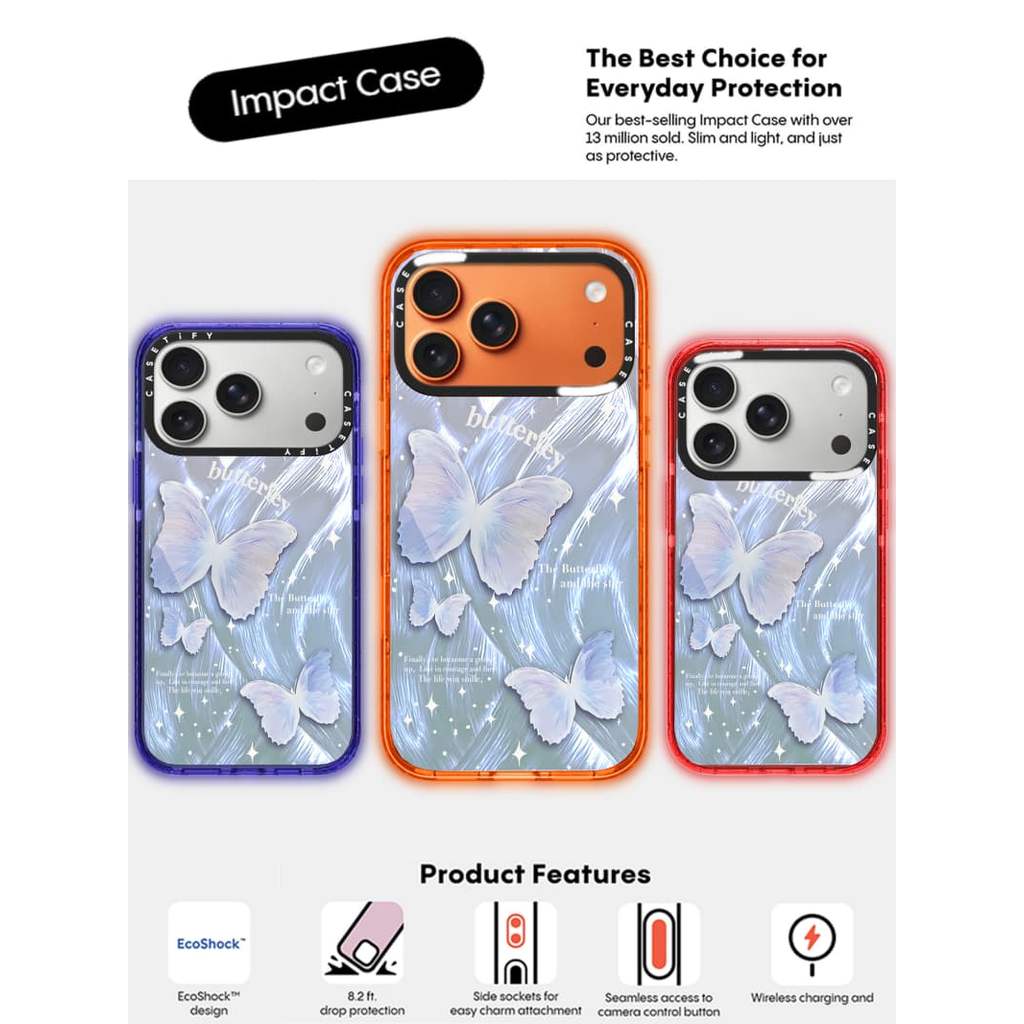 CASECASE X Bướm Cam / Đỏ / Perri Bộ Sưu Tập Kẹo Tím Màu Trong Suốt Cứng Từ Hút Tác Động Cho Apple IPhone 13 14 15 16 17Pro Max Plus Có Hộp