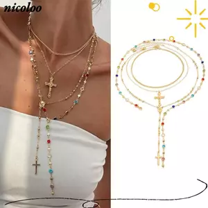 Vòng cổ chữ thập bằng kim cương giả NICOLOO, Vòng cổ mặt dây chuyền pha lê đầy màu sắc phong cách cổ điển, Vòng cổ dây chuyền nhiều lớp đính đá ngọc trai sang trọng dành cho nữ