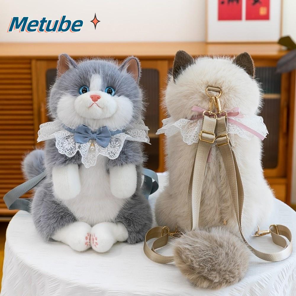 Ba lô mèo sang trọng METUBE, Ba lô mèo con mô phỏng lông tơ mềm mại, Ba lô búp bê sang trọng hoạt hình dễ thương Lưu trữ du lịch