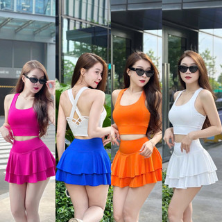 Bộ tập áo bra mới mix chân váy tầng xoè 2 lớp tập gym,aerobic,đi biển đi chơi chất liệu thun mềm co giãn  4 chiều