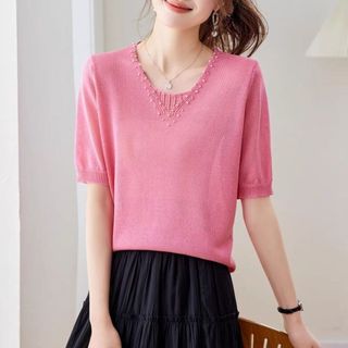 Dệt Kim Nữ Tay Ngắn Nữ Mỏng Phong Cách Mùa Hè Cổ Chữ V Thời Trang Phù Hợp Với Áo Thun Lụa Băng Đơn Giản 20