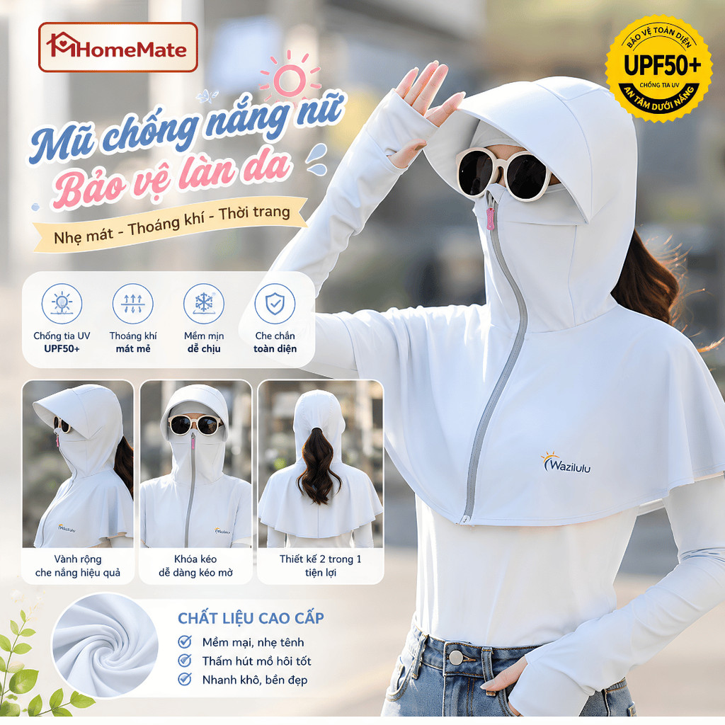 Mũ Chống Nắng Nữ HomeMate Che Kín Mặt Cổ UPF50+, Nón Chống UV Toàn Diện Đi Xe Máy Mùa Hè