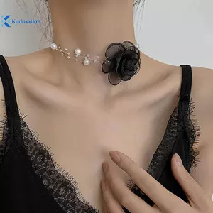 Kudosation Mori Lãng Mạn Ngọc Trai Choker Camellia Nelace Mùa Hè Trắng Xương Đòn Dây Xích Với Vải Hoa Ngọc Trai Cho Nữ Trang Sức Đẹp