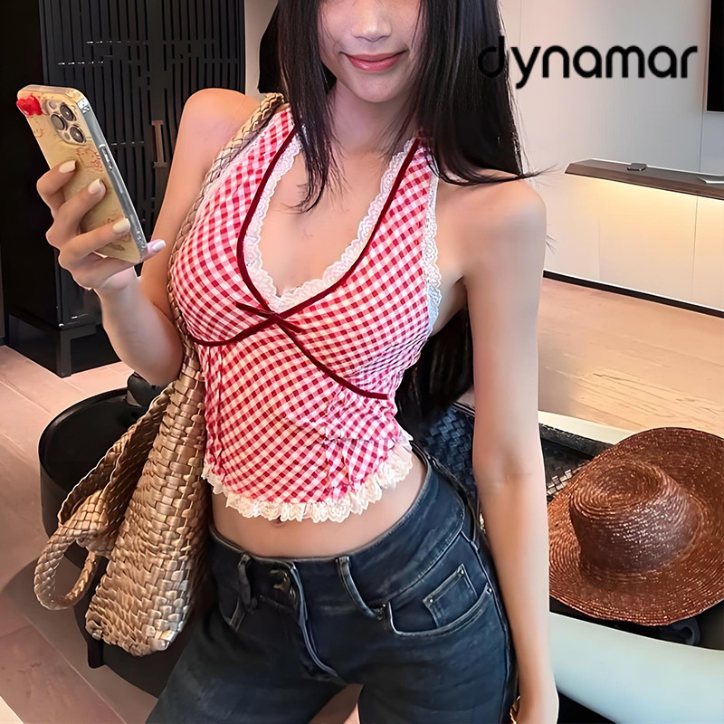 【dynamar】Áo hai dây kẻ caro nữ mùa hè, phối ren, cổ chữ V, kiểu dáng gợi cảm, quyến rũ.