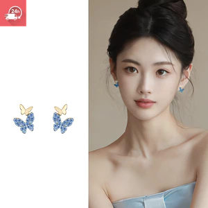 Bông tai nữ đôi màu xanh khí chất thời trang đính kim cương đơn giản và tinh tế