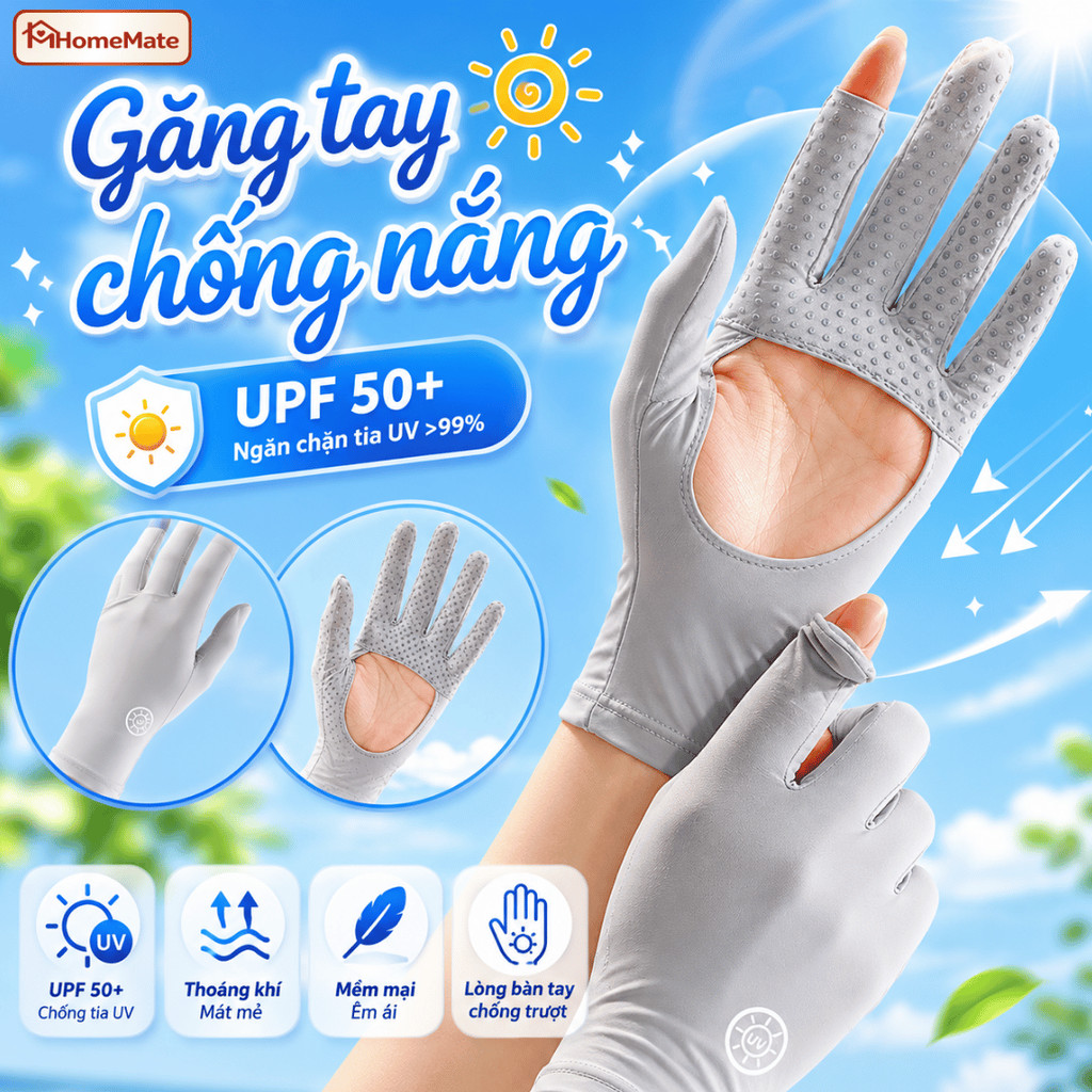 Găng Tay Chống Nắng Lụa Băng HomeMate UPF50+ Hở Lòng Bàn Tay, Bao Tay Chống Tia UV Thoáng Khí Chống Trượt