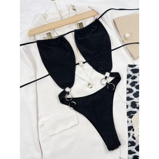 Đồ Bơi Nữ Màu Đen Rỗng Ra Vòng Kim Loại Một Mảnh Bikini Bộ Đồ Tắm