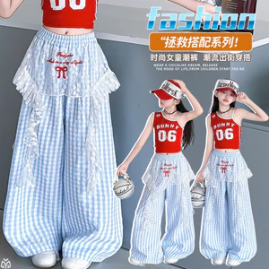 Bé Gái Kiểm Tra Quần Ống Rộng Mùa Hè Phong Cách Mới Trẻ Em Thời Trang Ren Mông Quần Khâu